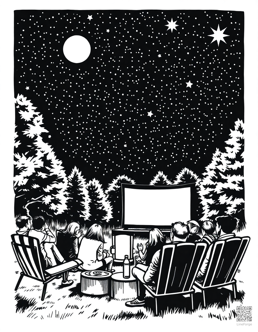 outdoor movie night under the stars coloring page Woodcut style - free printable