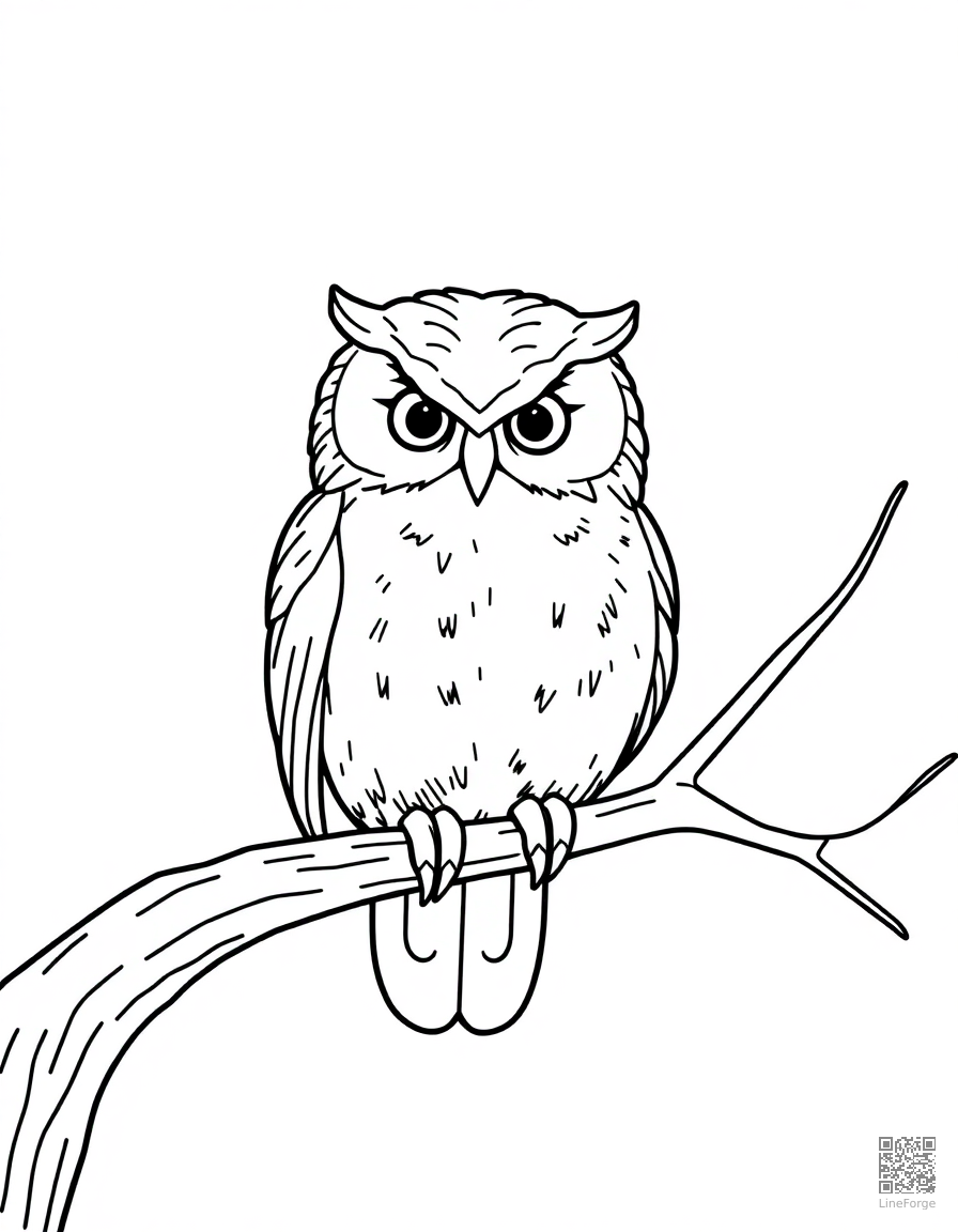 Free owl perched on a branch at night coloring page in contour style — printable line art