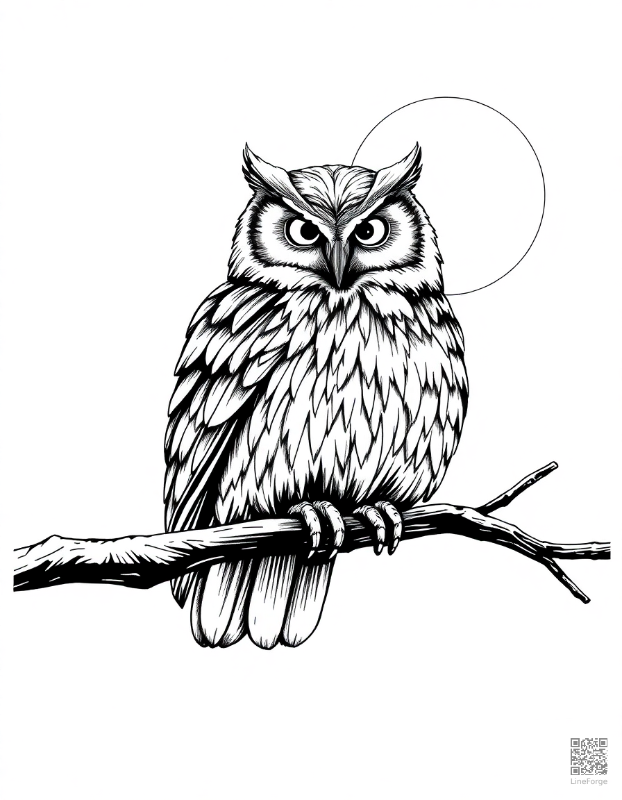 Free owl perched on a branch at night coloring page in crosshatch style — printable line art