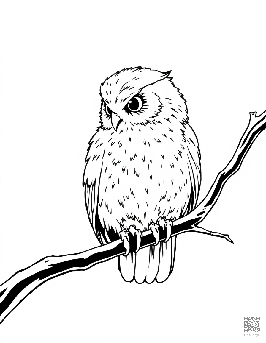 Free owl perched on a branch at night coloring page in manga style — printable line art