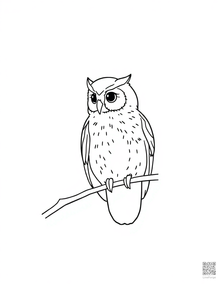 Free owl perched on a branch at night coloring page in minimal style — printable line art