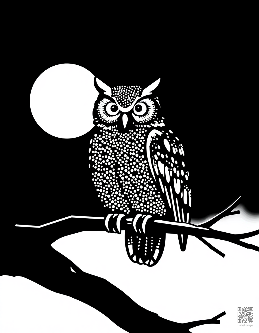 Free owl perched on a branch at night coloring page in stipple style — printable line art