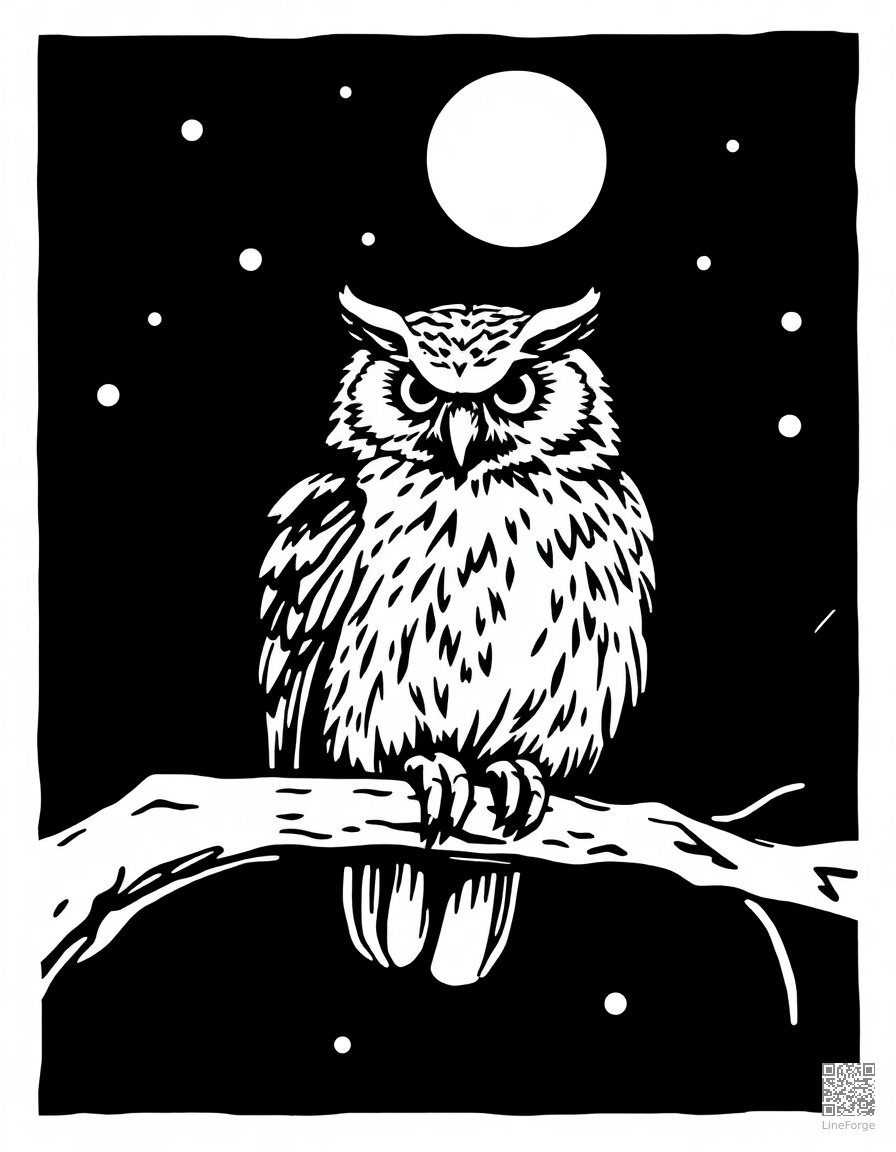 Free owl perched on a branch at night coloring page in woodcut style — printable line art