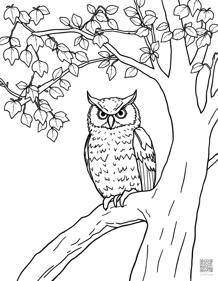 owl sitting in an autumn tree coloring page Contour style - free printable