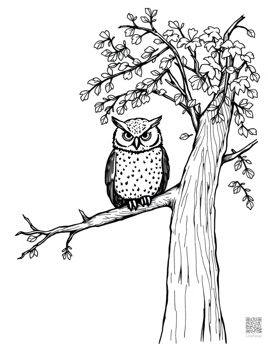 owl sitting in an autumn tree coloring page Crosshatch style - free printable