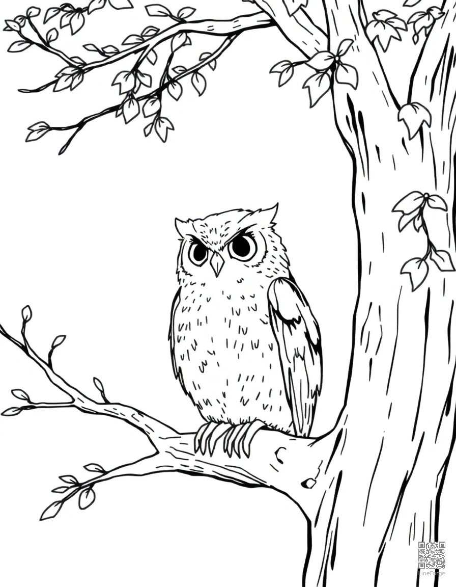 owl sitting in an autumn tree coloring page Manga style - free printable