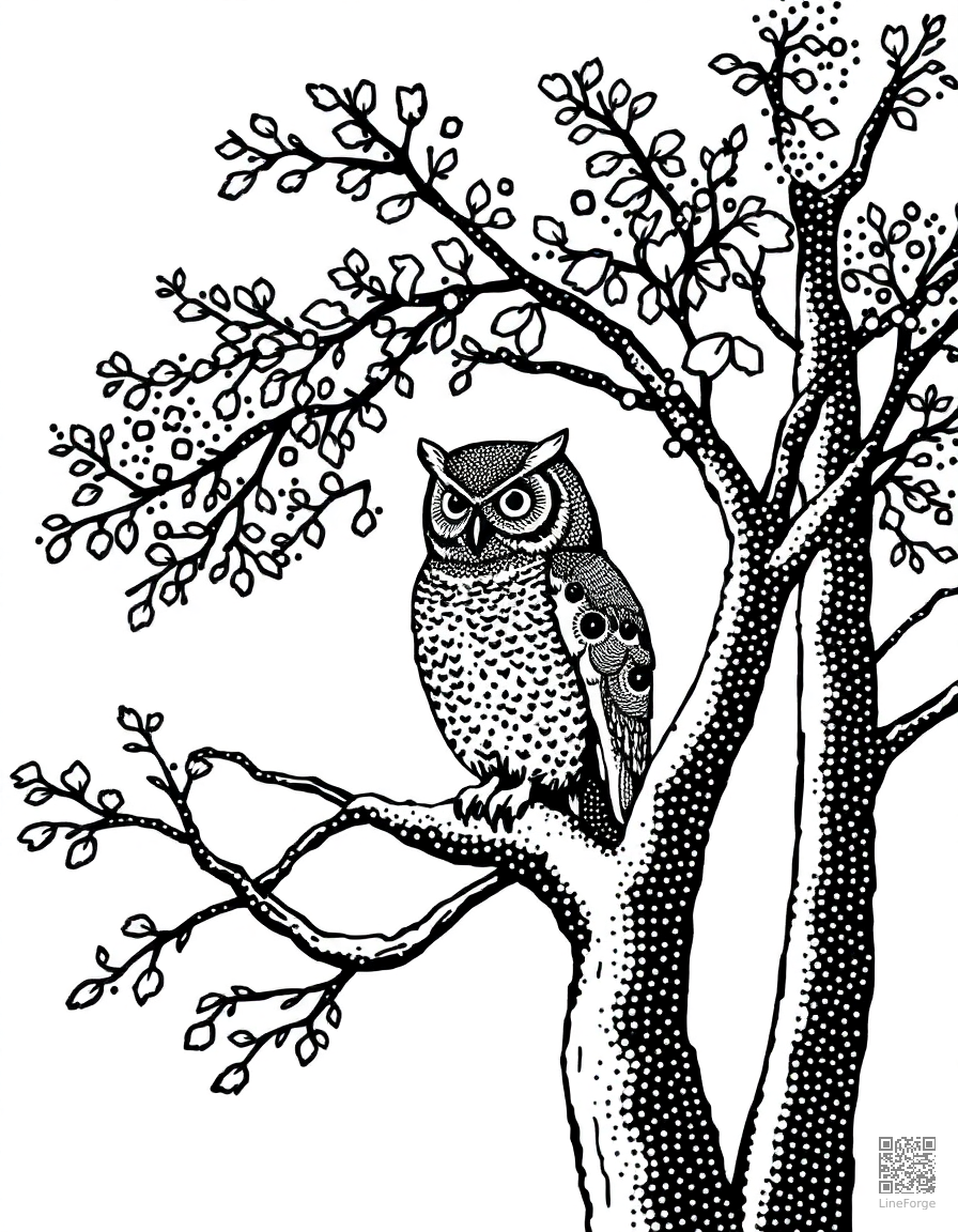 owl sitting in an autumn tree coloring page Stipple style - free printable