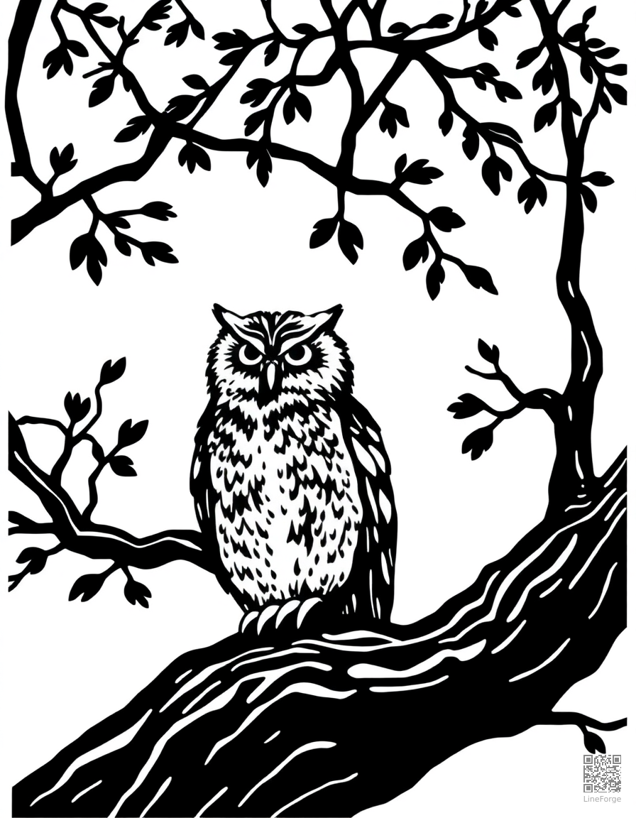 owl sitting in an autumn tree coloring page Woodcut style - free printable