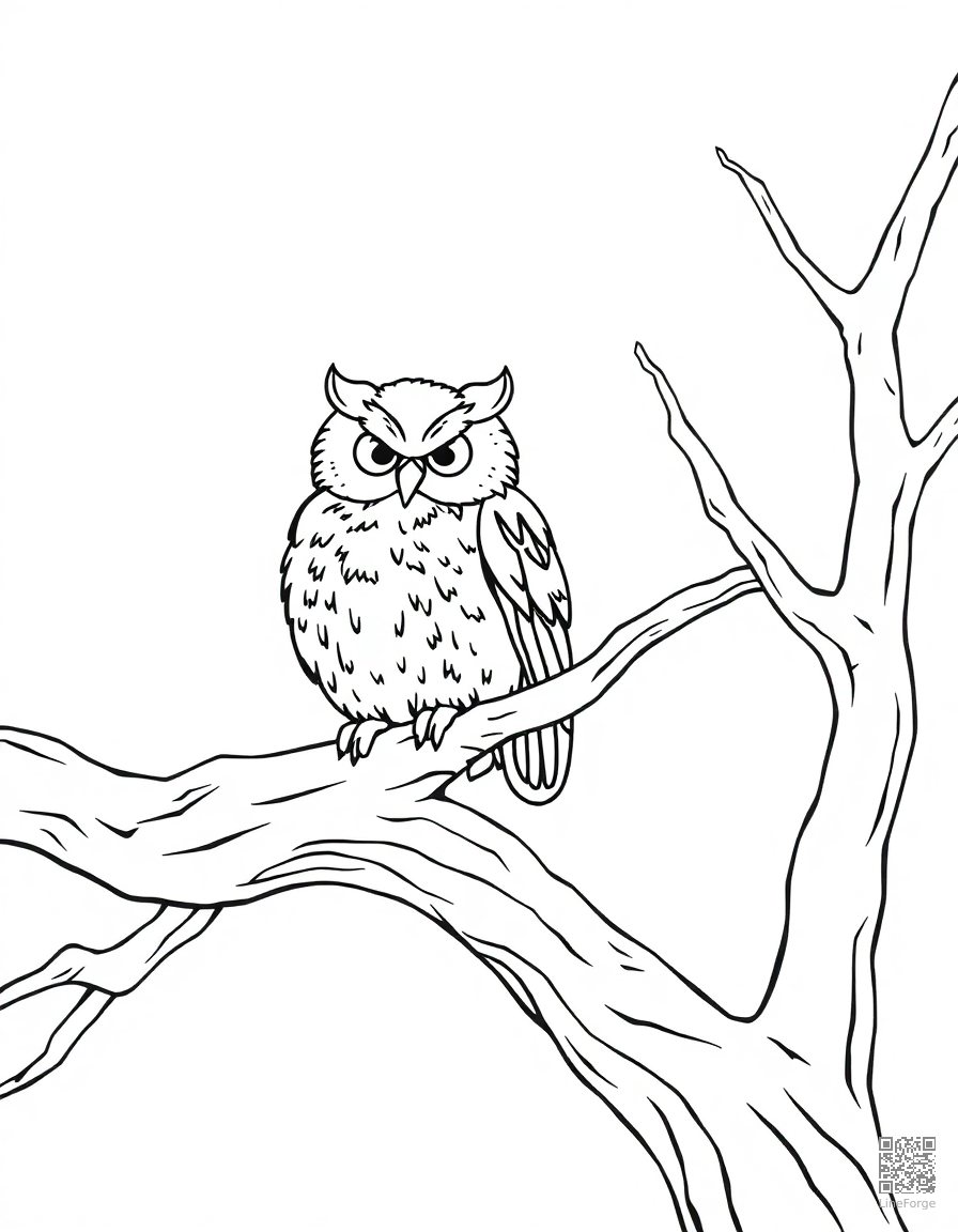 Free owl sitting on a dead tree branch at night coloring page in contour style — printable line art