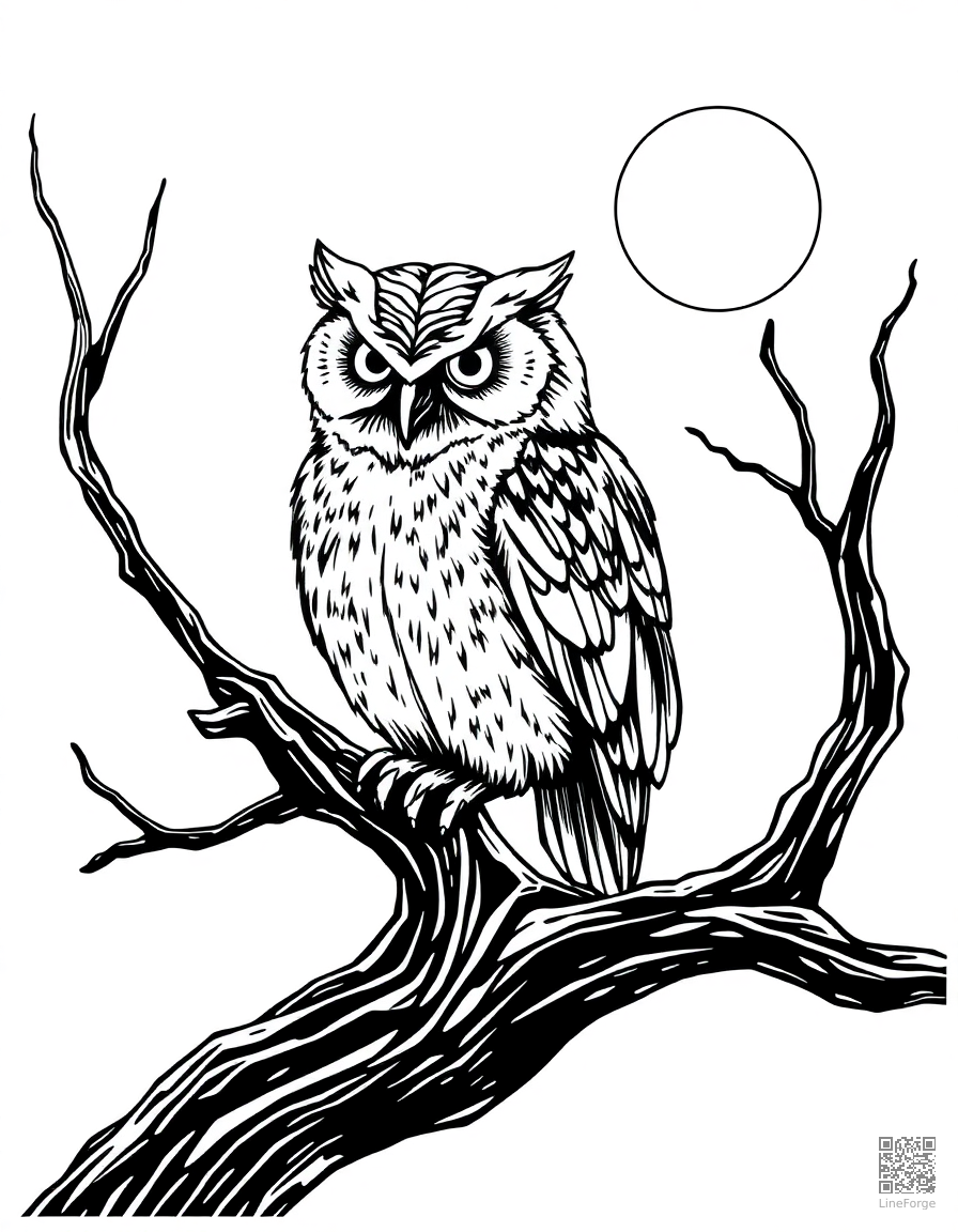 owl sitting on a dead tree branch at night coloring page Crosshatch style - free printable