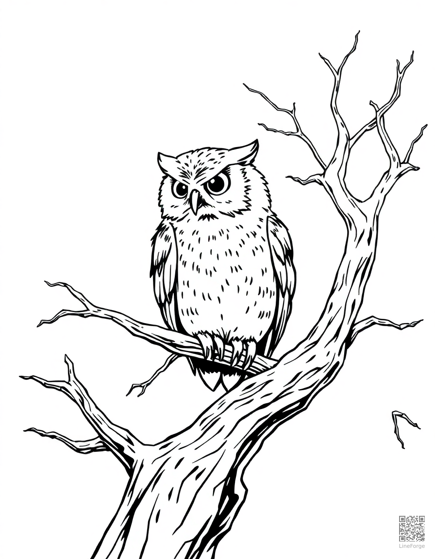 owl sitting on a dead tree branch at night coloring page Manga style - free printable