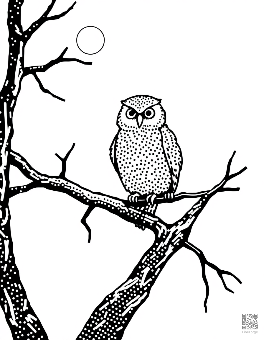 owl sitting on a dead tree branch at night coloring page Stipple style - free printable
