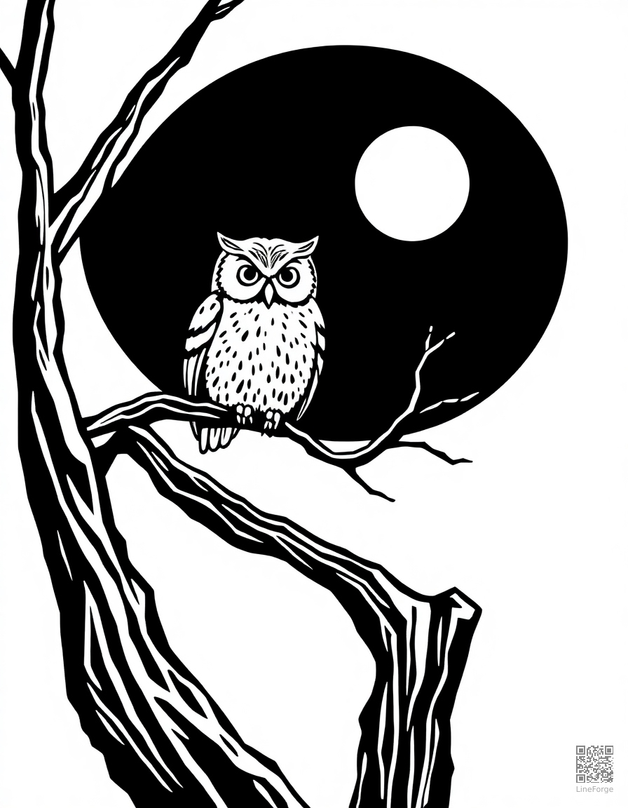 owl sitting on a dead tree branch at night coloring page Woodcut style - free printable