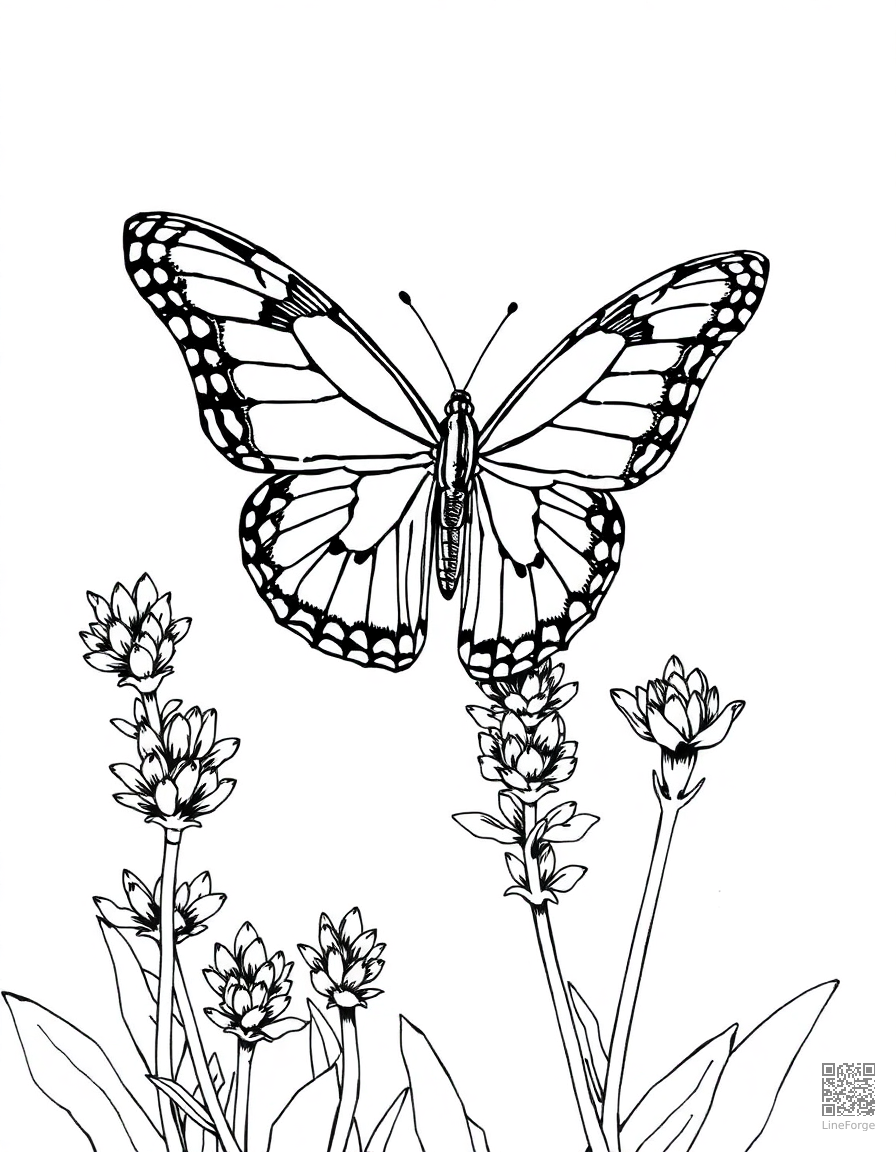 painted lady butterfly on lavender coloring page Crosshatch style - free printable