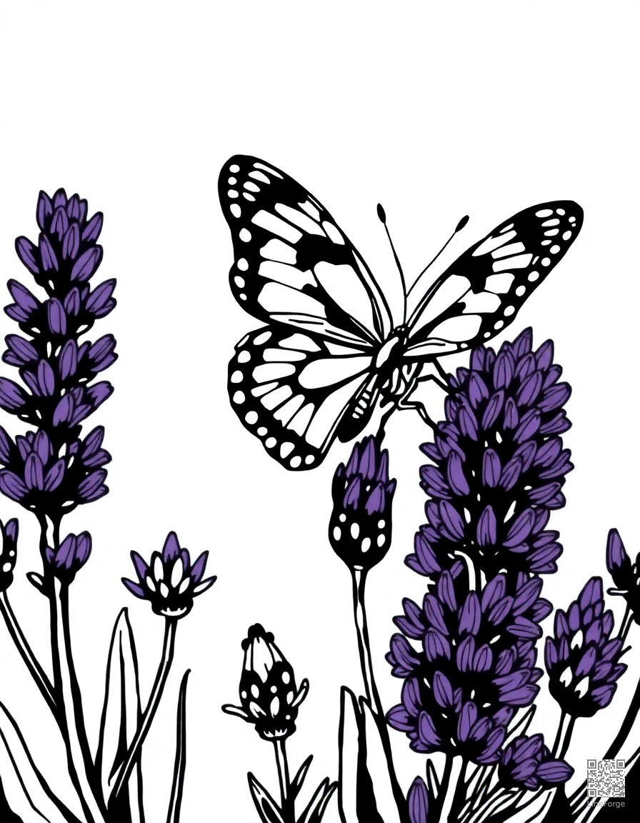 painted lady butterfly on lavender coloring page Woodcut style - free printable