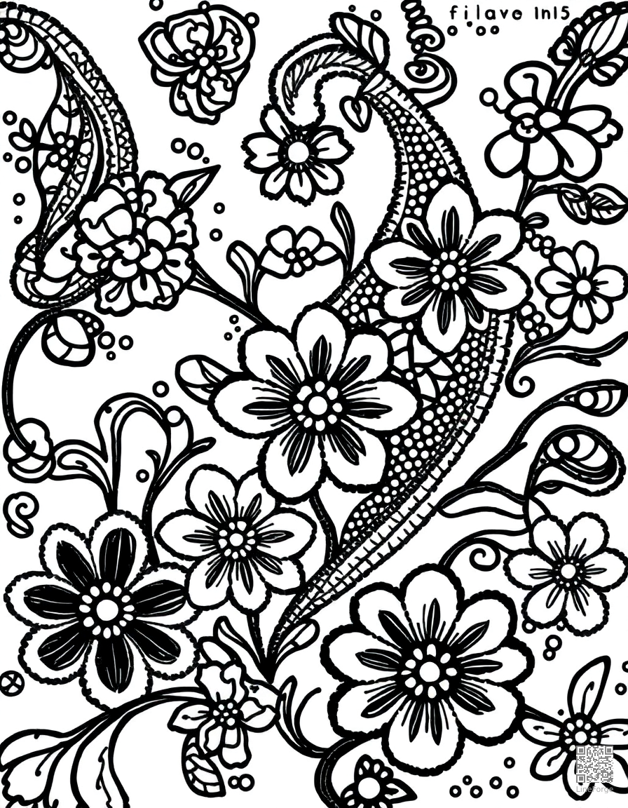 Paisley pattern with flowers coloring page Stipple style - free printable