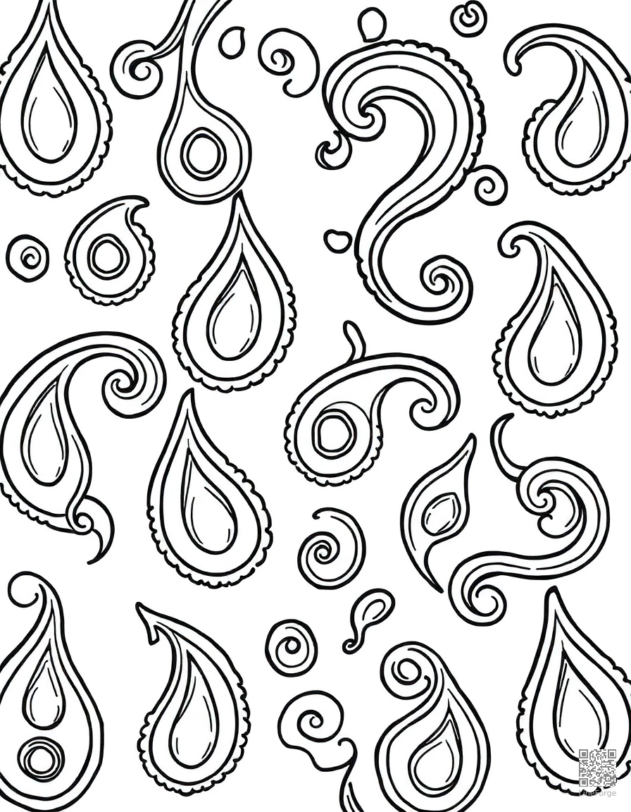 paisley pattern with swirling teardrop shapes coloring page Contour style - free printable