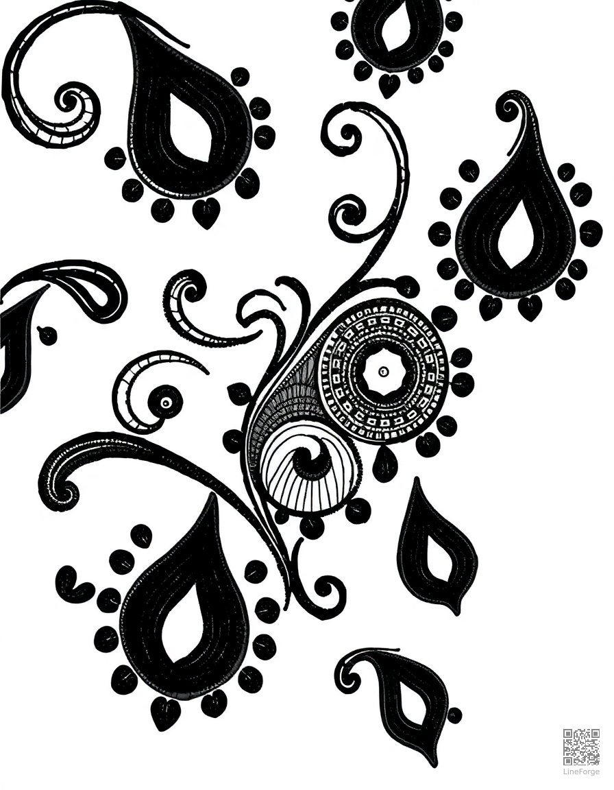 paisley pattern with swirling teardrop shapes coloring page Crosshatch style - free printable