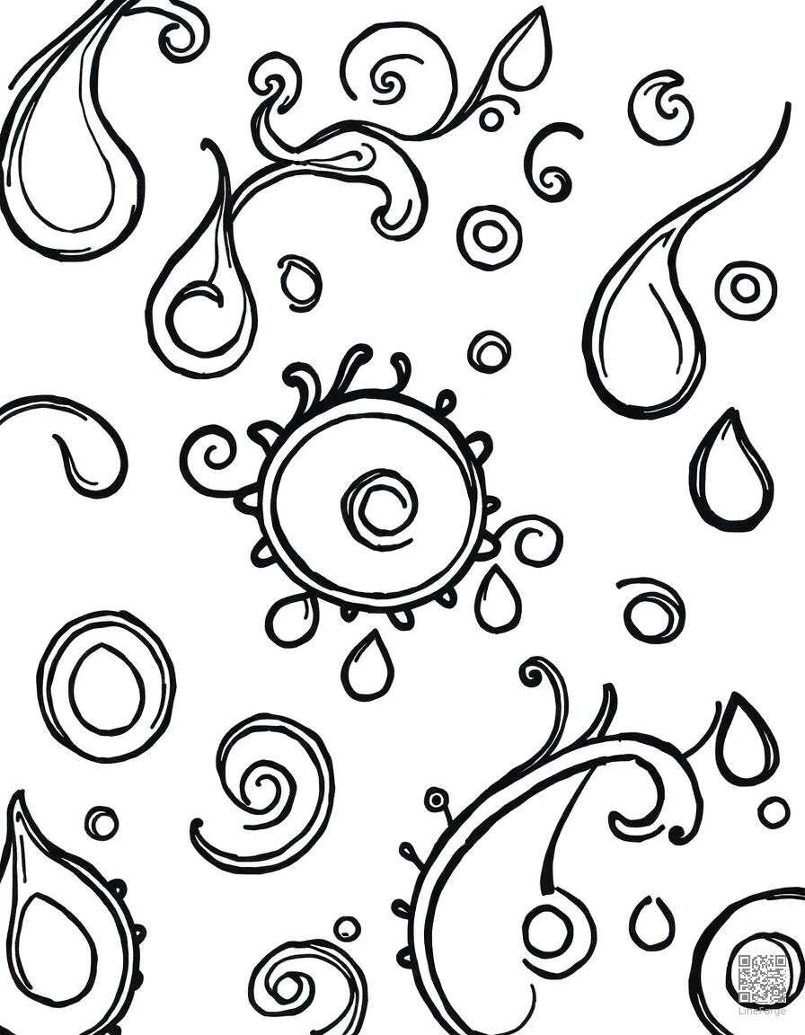 paisley pattern with swirling teardrop shapes coloring page Manga style - free printable