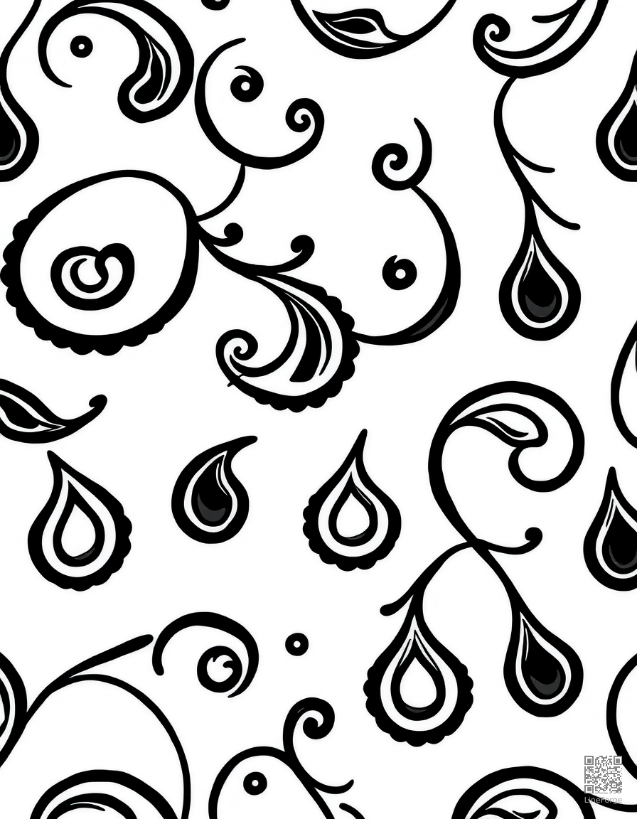 paisley pattern with swirling teardrop shapes coloring page Minimal style - free printable