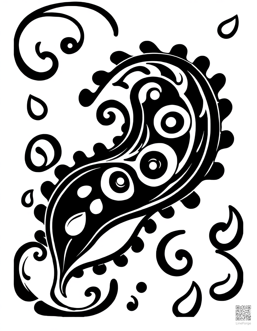 paisley pattern with swirling teardrop shapes coloring page Woodcut style - free printable