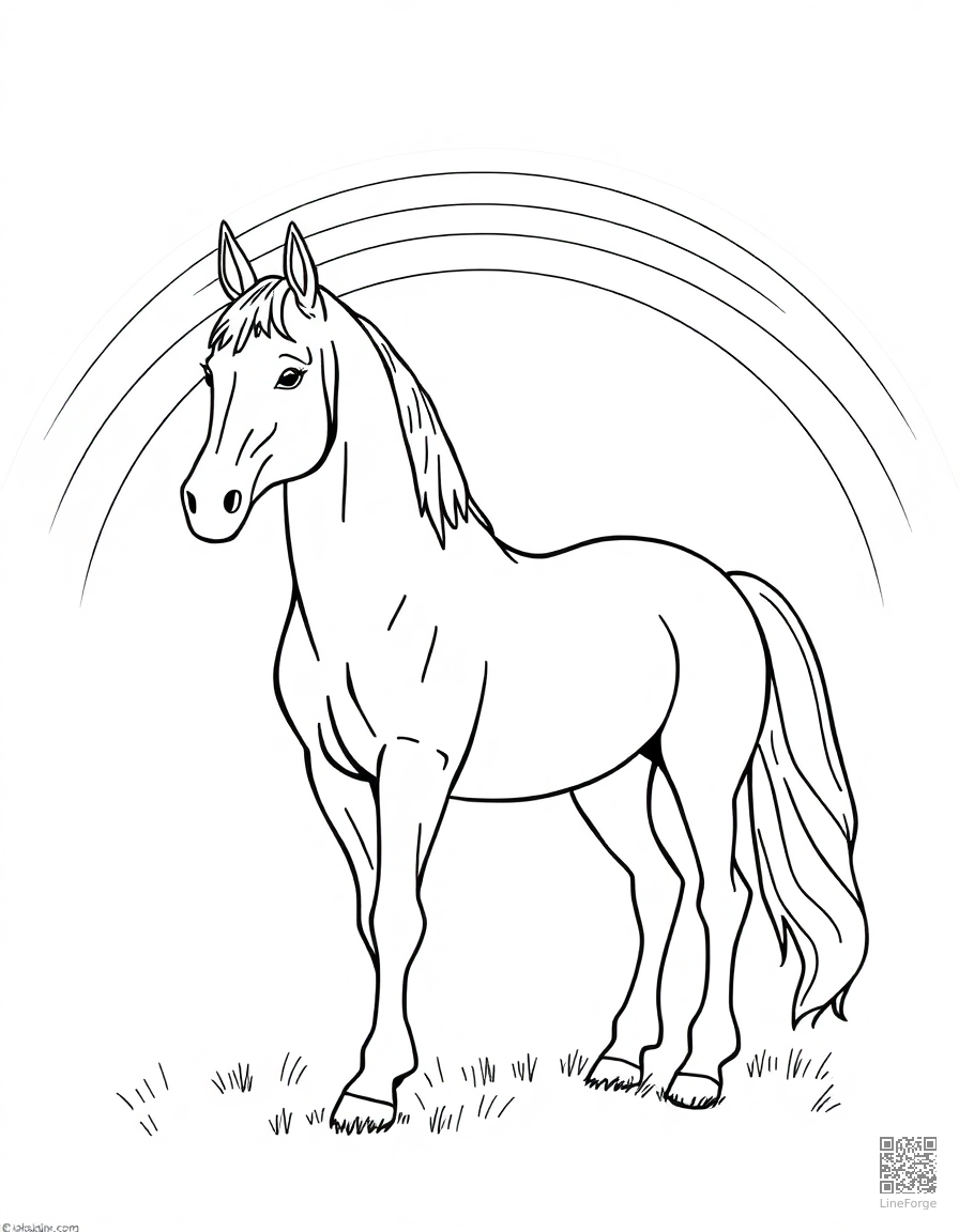 palomino horse standing under a rainbow coloring page Contour style - free printable
