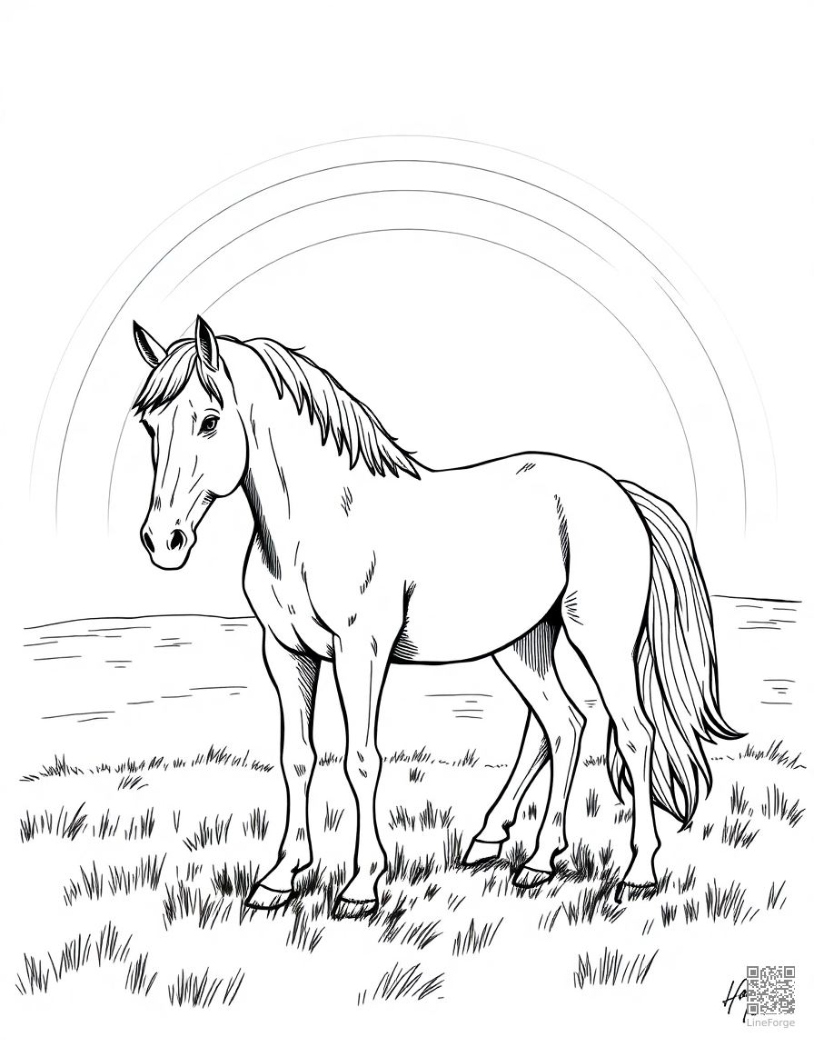 palomino horse standing under a rainbow coloring page Crosshatch style - free printable