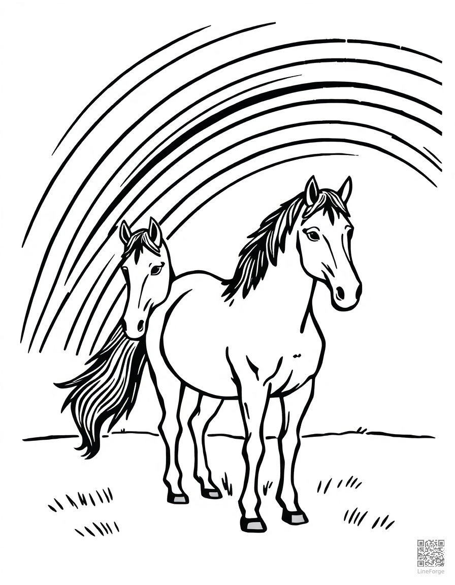 palomino horse standing under a rainbow coloring page Woodcut style - free printable