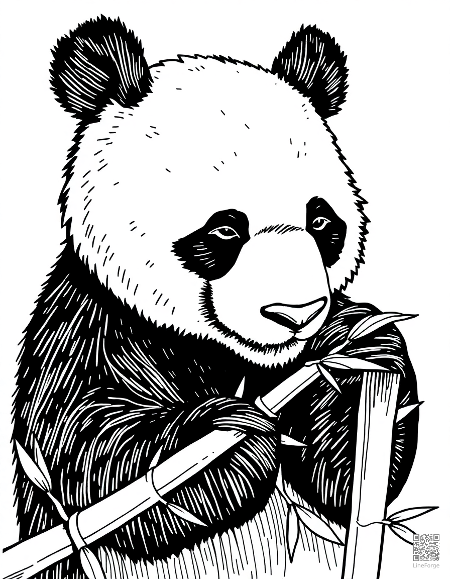 Panda bear eating bamboo coloring page Crosshatch style - free printable