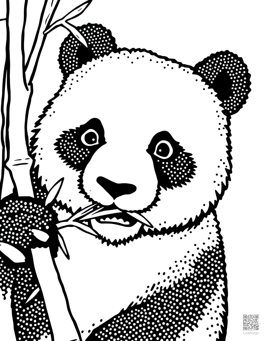 Panda bear eating bamboo coloring page Stipple style - free printable