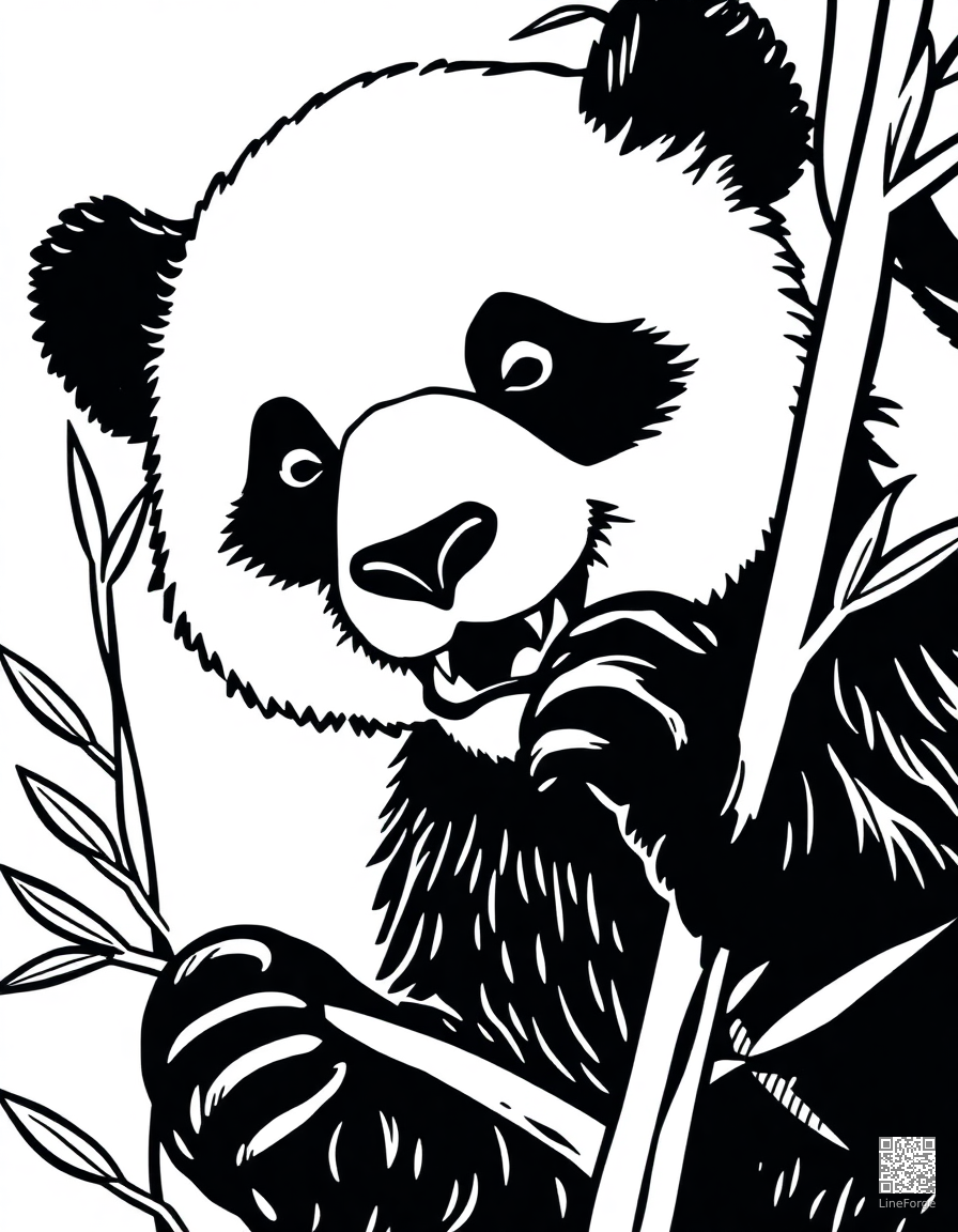 Panda bear eating bamboo coloring page Woodcut style - free printable