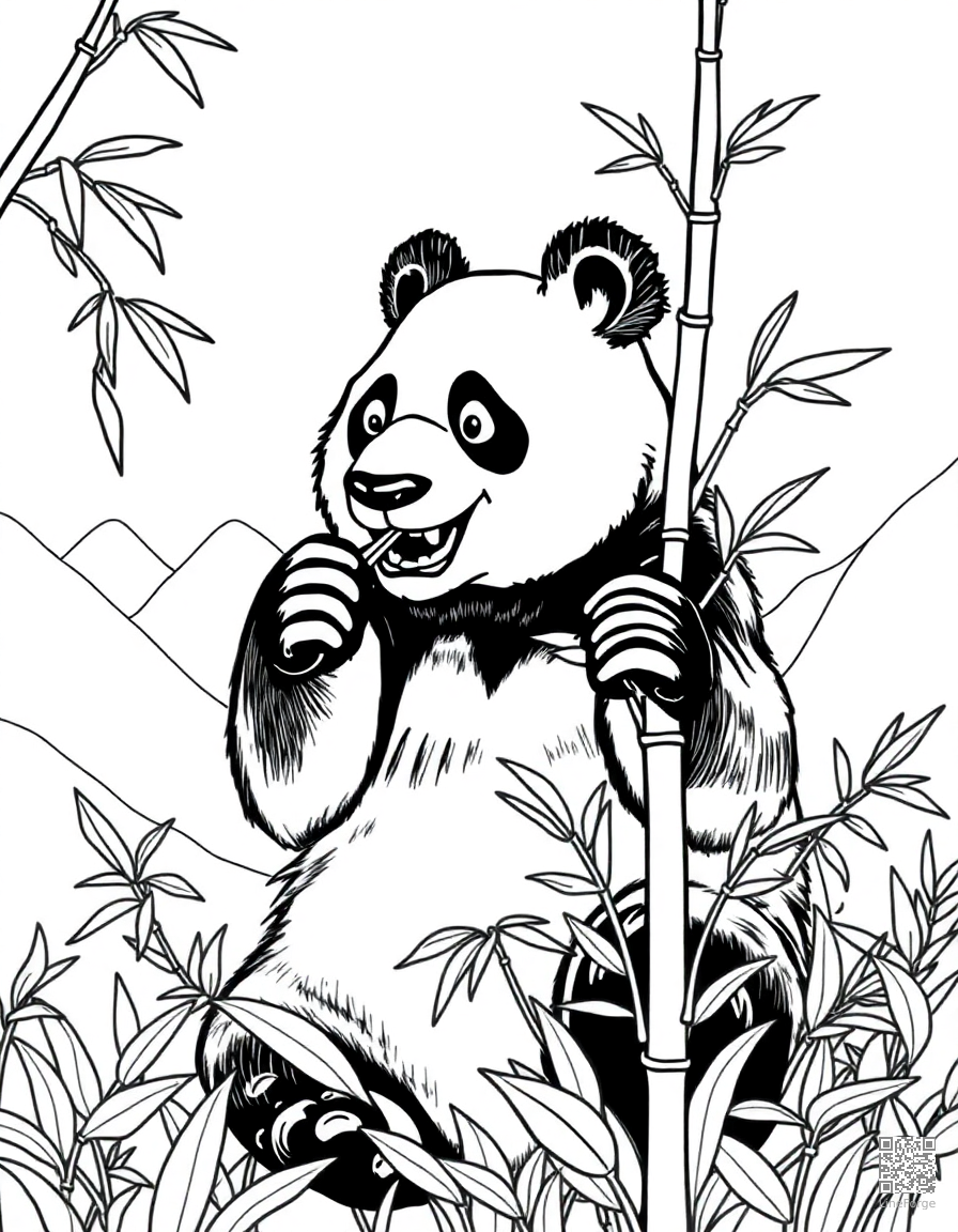 Free panda eating bamboo in a misty mountain forest coloring page in contour style — printable line art