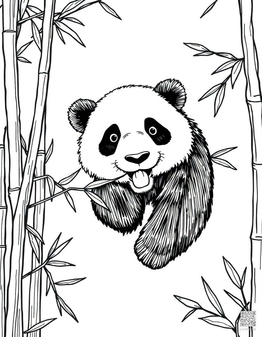 Free panda eating bamboo in a misty mountain forest coloring page in crosshatch style — printable line art