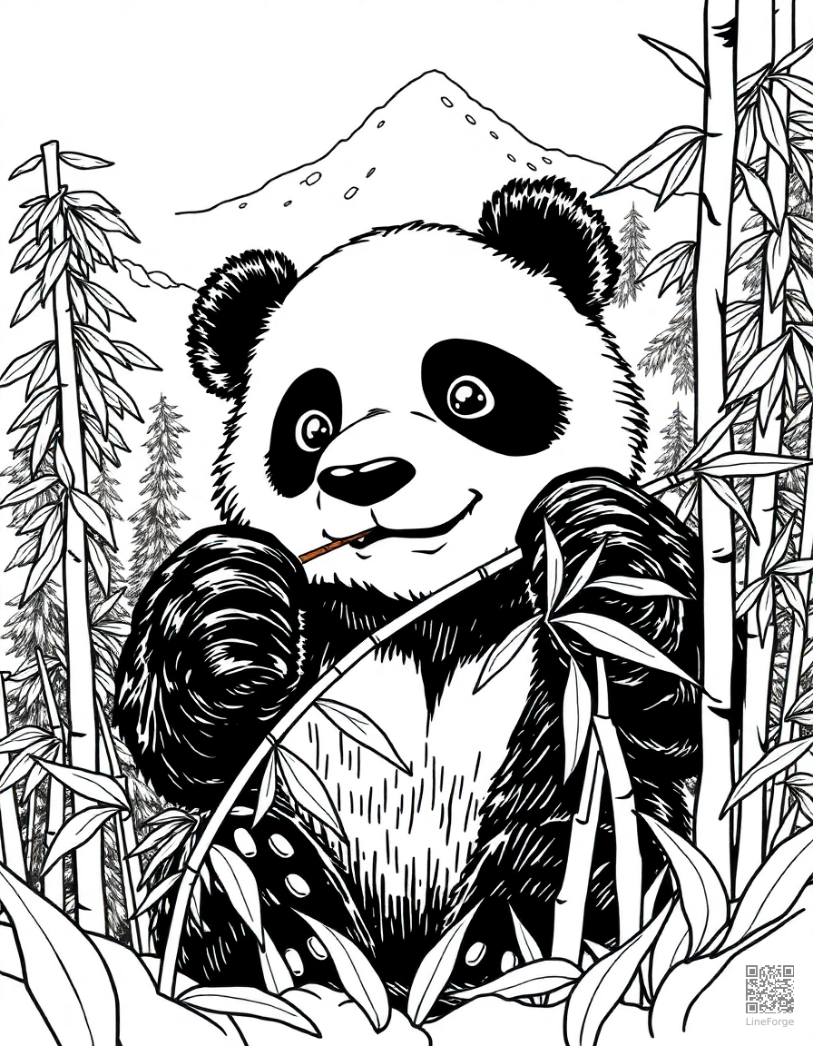 Free panda eating bamboo in a misty mountain forest coloring page in manga style — printable line art