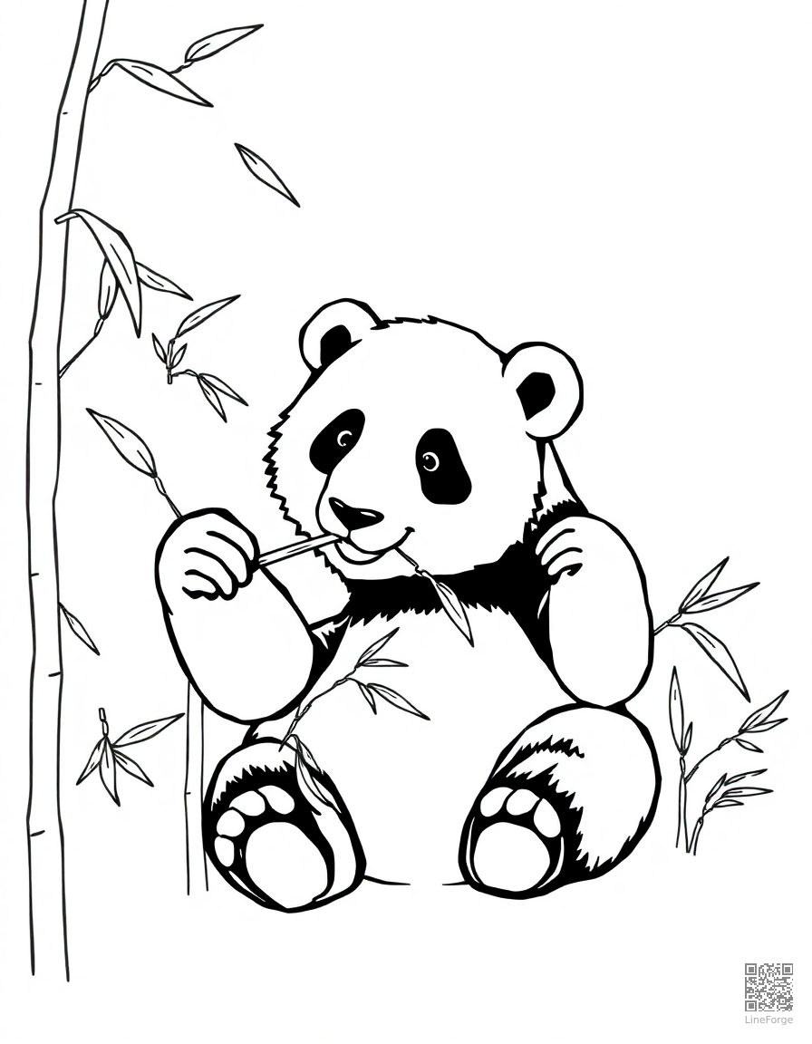Free panda eating bamboo in a misty mountain forest coloring page in minimal style — printable line art