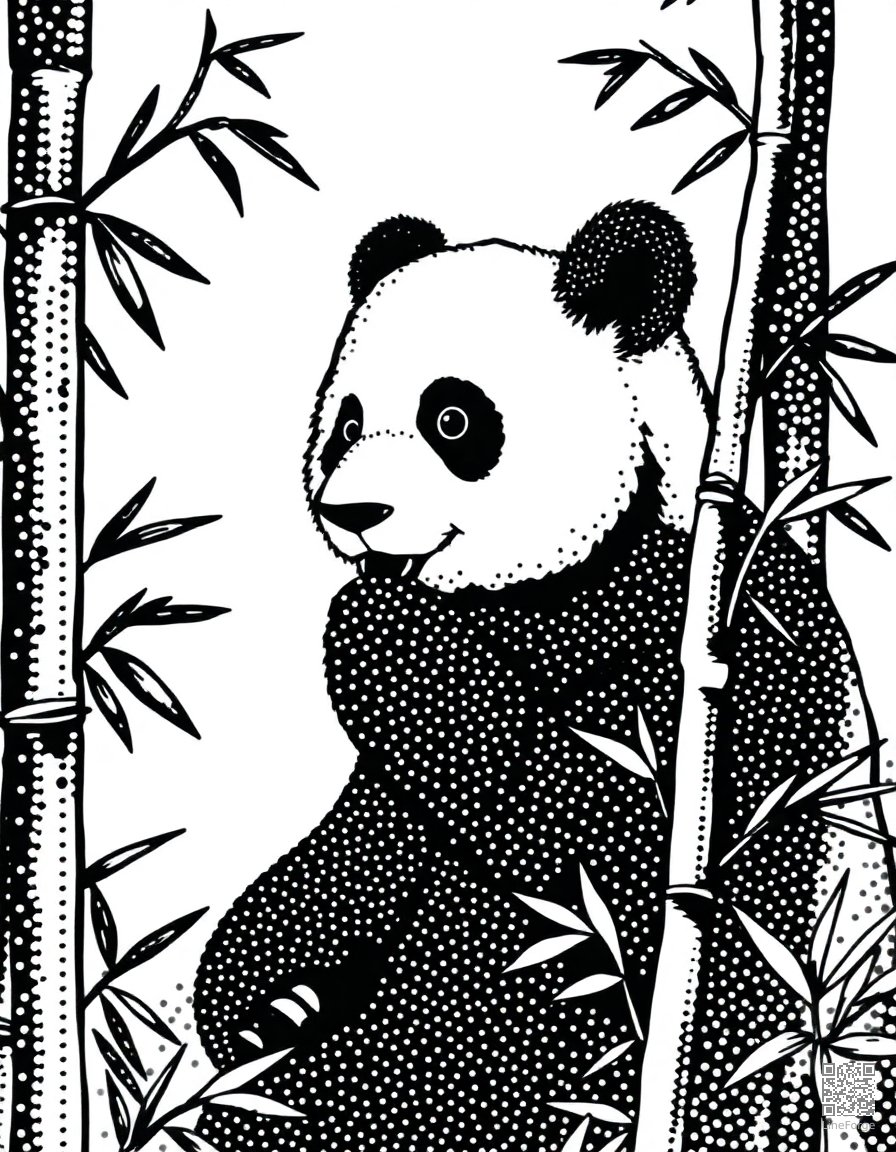 Free panda eating bamboo in a misty mountain forest coloring page in stipple style — printable line art
