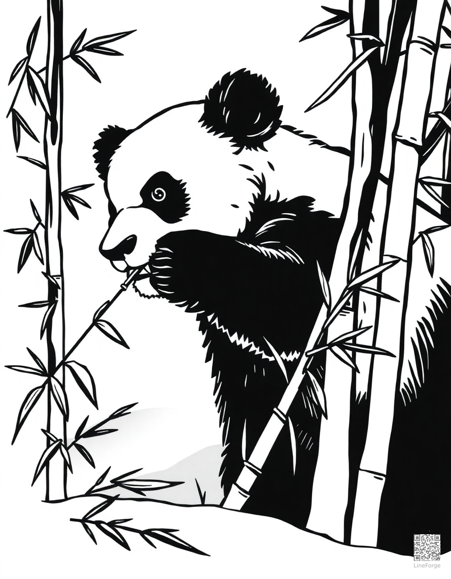 Free panda eating bamboo in a misty mountain forest coloring page in woodcut style — printable line art