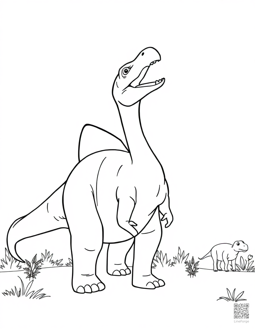 Free parasaurolophus calling to its herd coloring page in contour style — printable line art