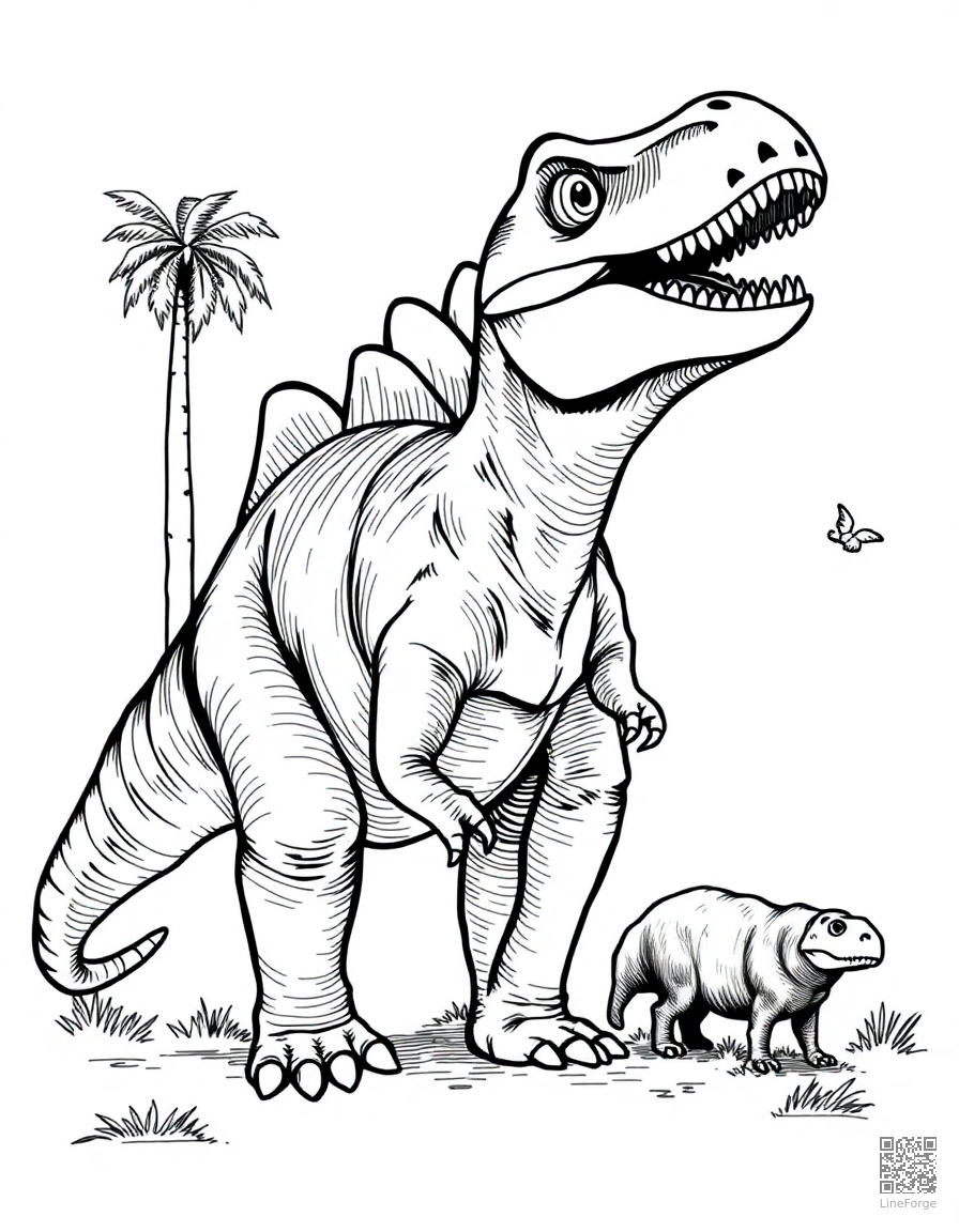 Free parasaurolophus calling to its herd coloring page in crosshatch style — printable line art