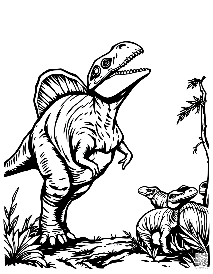 Free parasaurolophus calling to its herd coloring page in woodcut style — printable line art