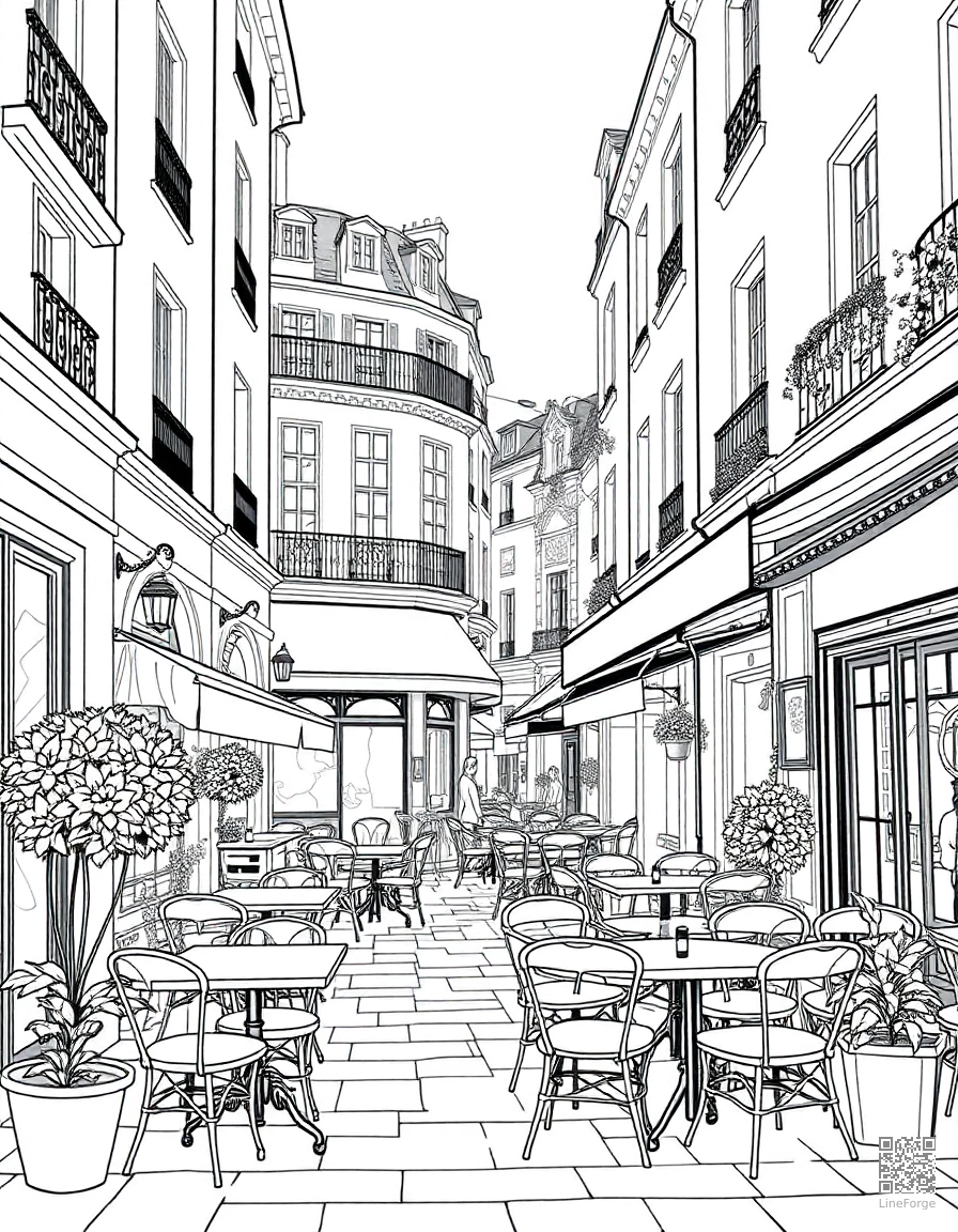 Free paris cafe street scene coloring page in contour style — printable line art