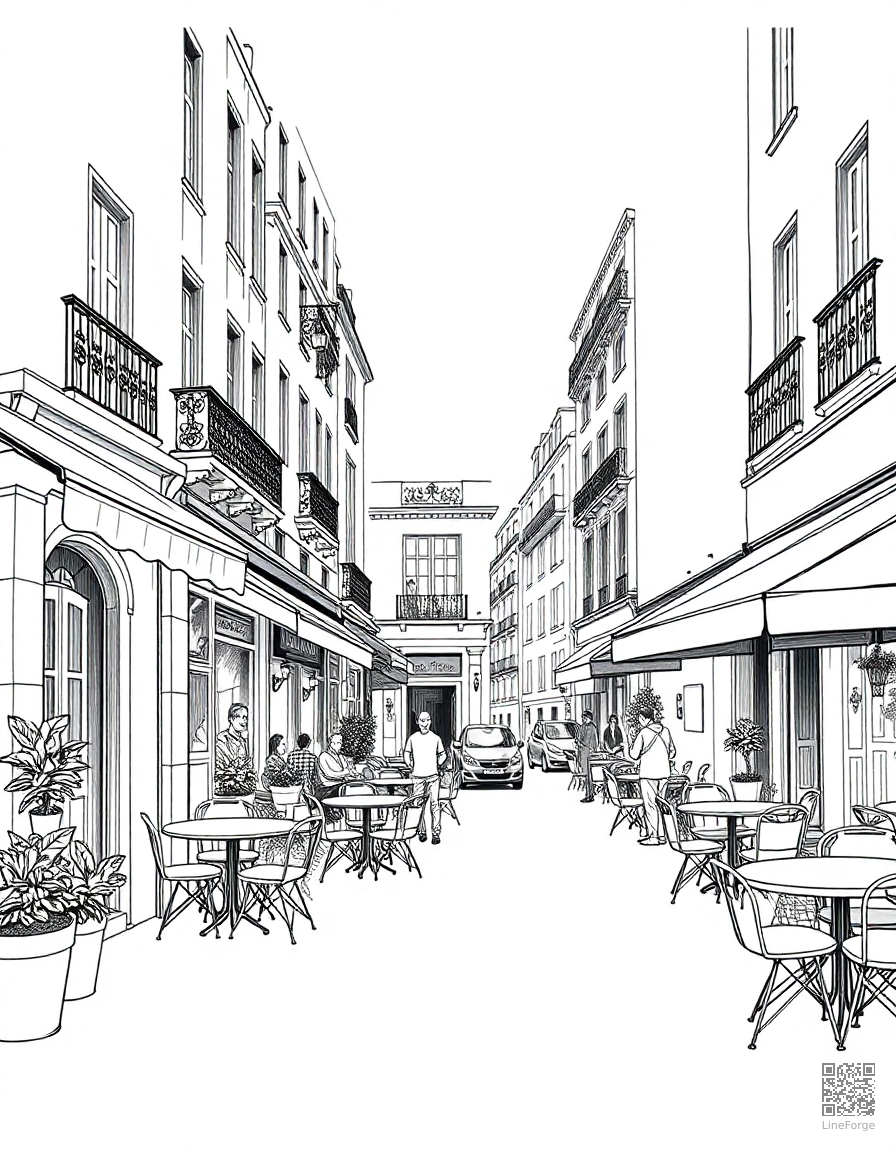 paris cafe street scene coloring page Crosshatch style free printable