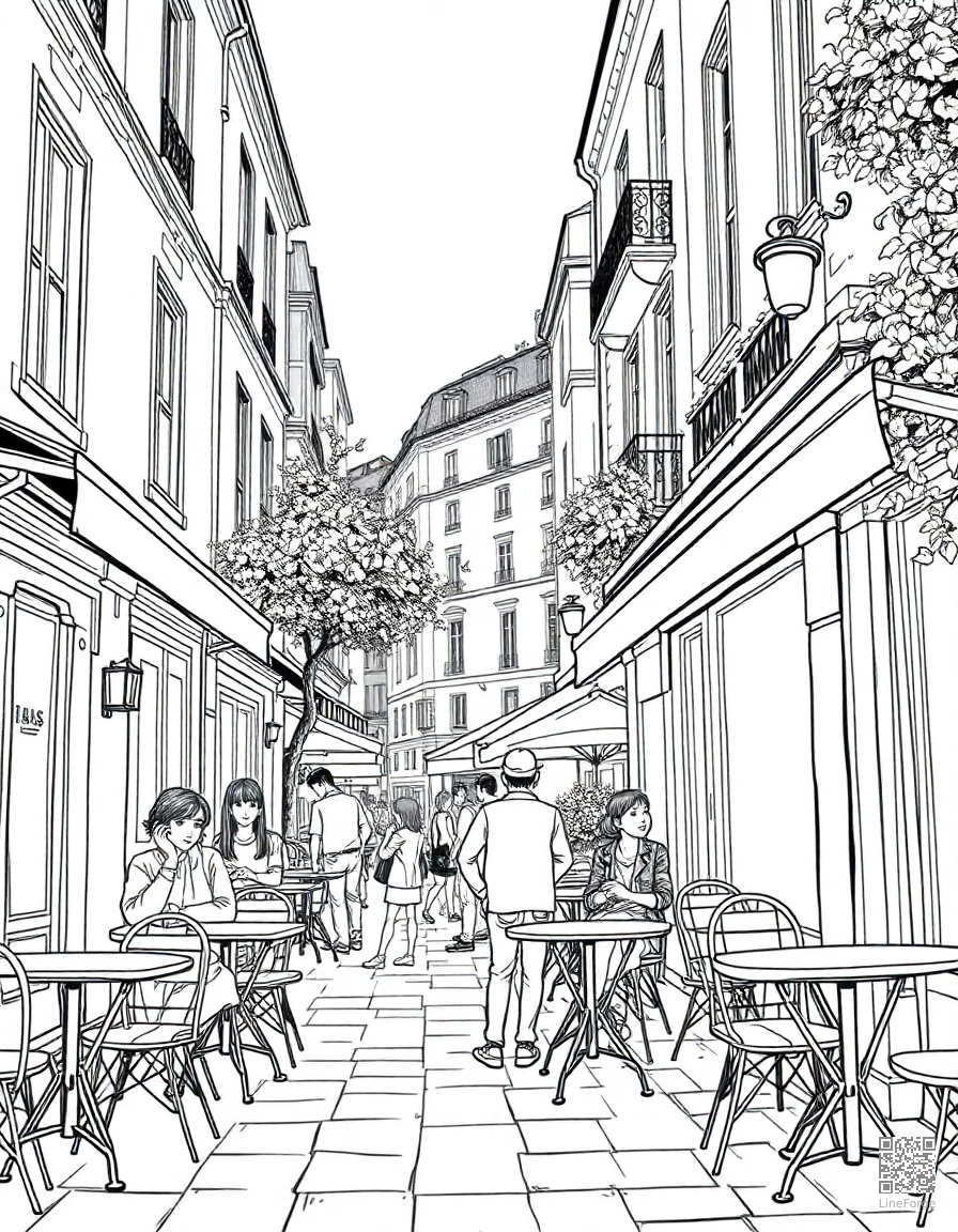 Free paris cafe street scene coloring page in manga style — printable line art