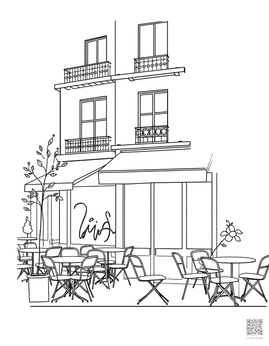 Free paris cafe street scene coloring page in minimal style — printable line art
