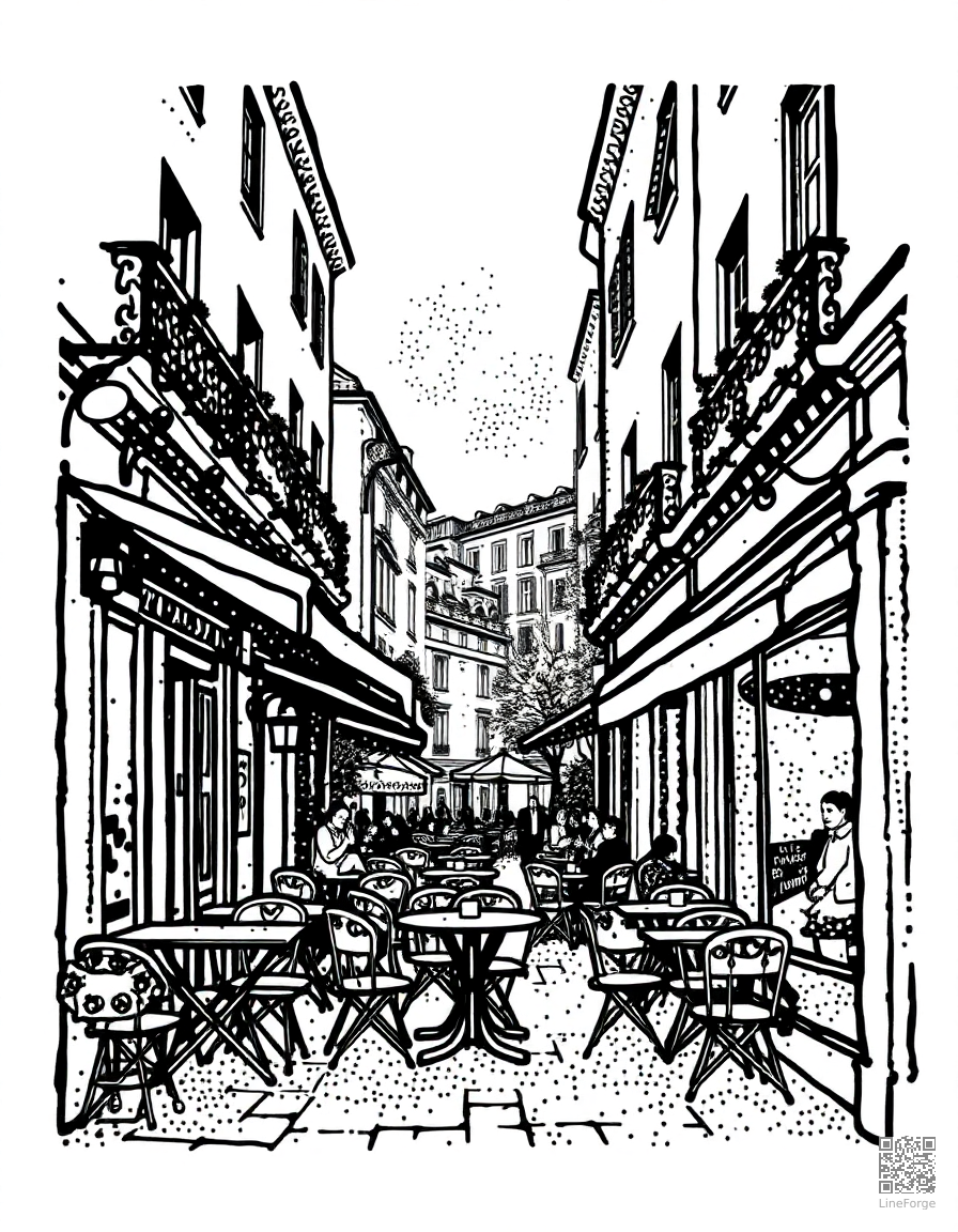 paris cafe street scene coloring page Stipple style free printable