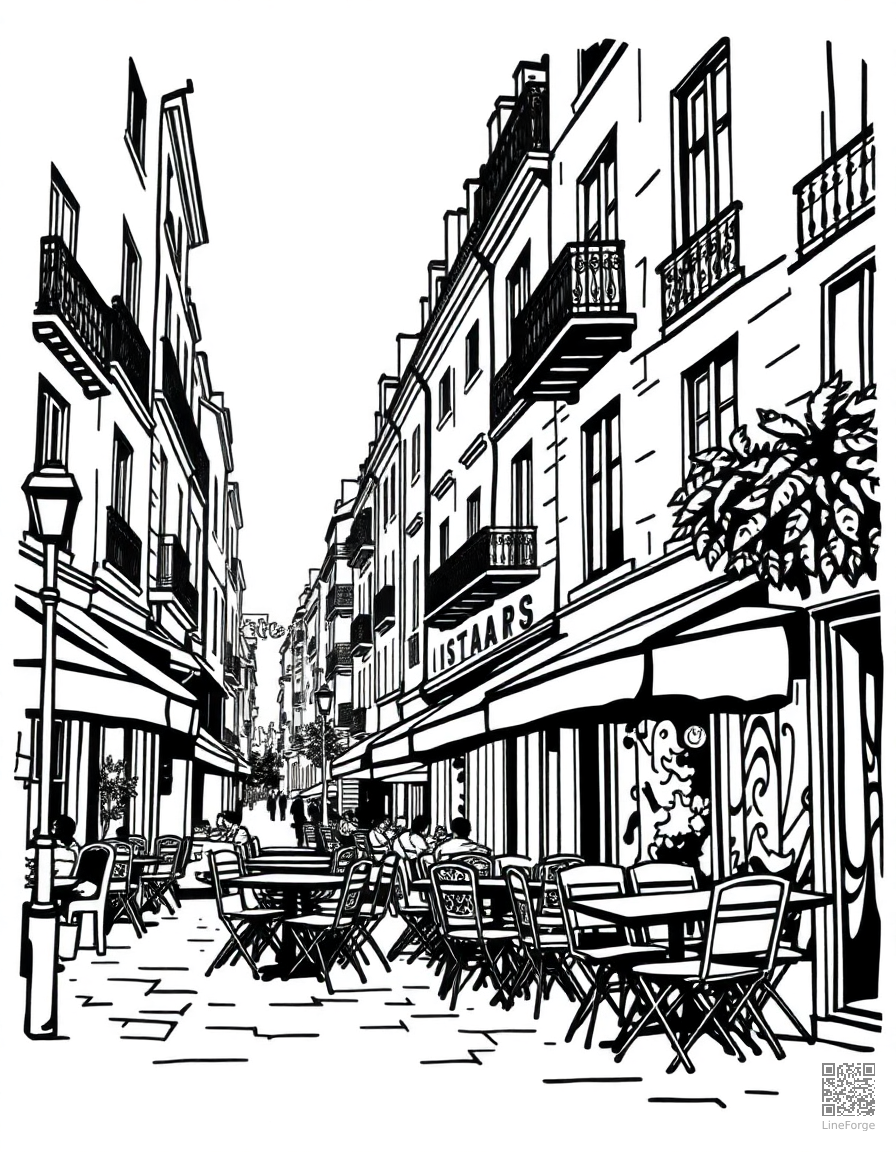 Free paris cafe street scene coloring page in woodcut style — printable line art