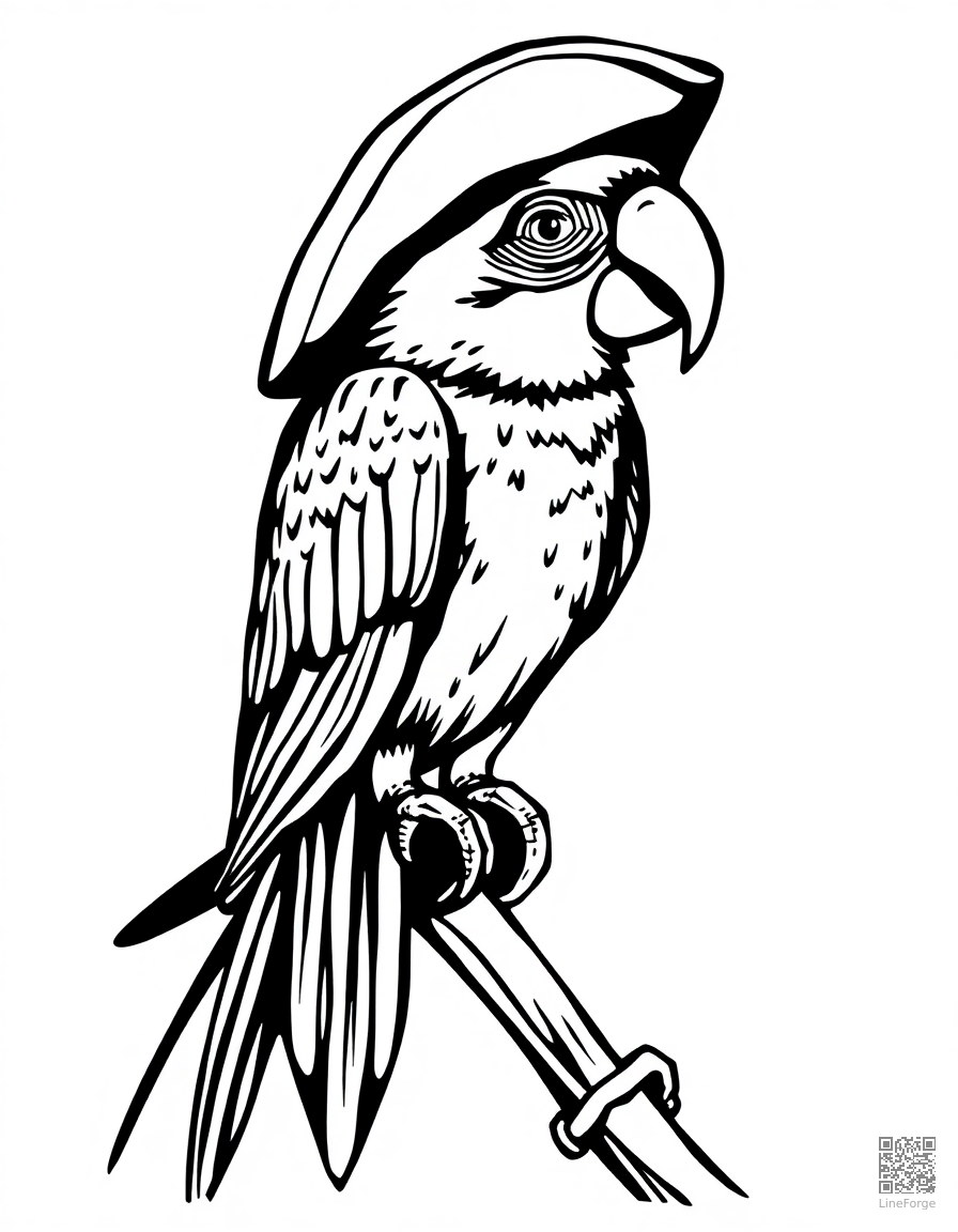 parrot perched on a pirate shoulder coloring page Woodcut style - free printable