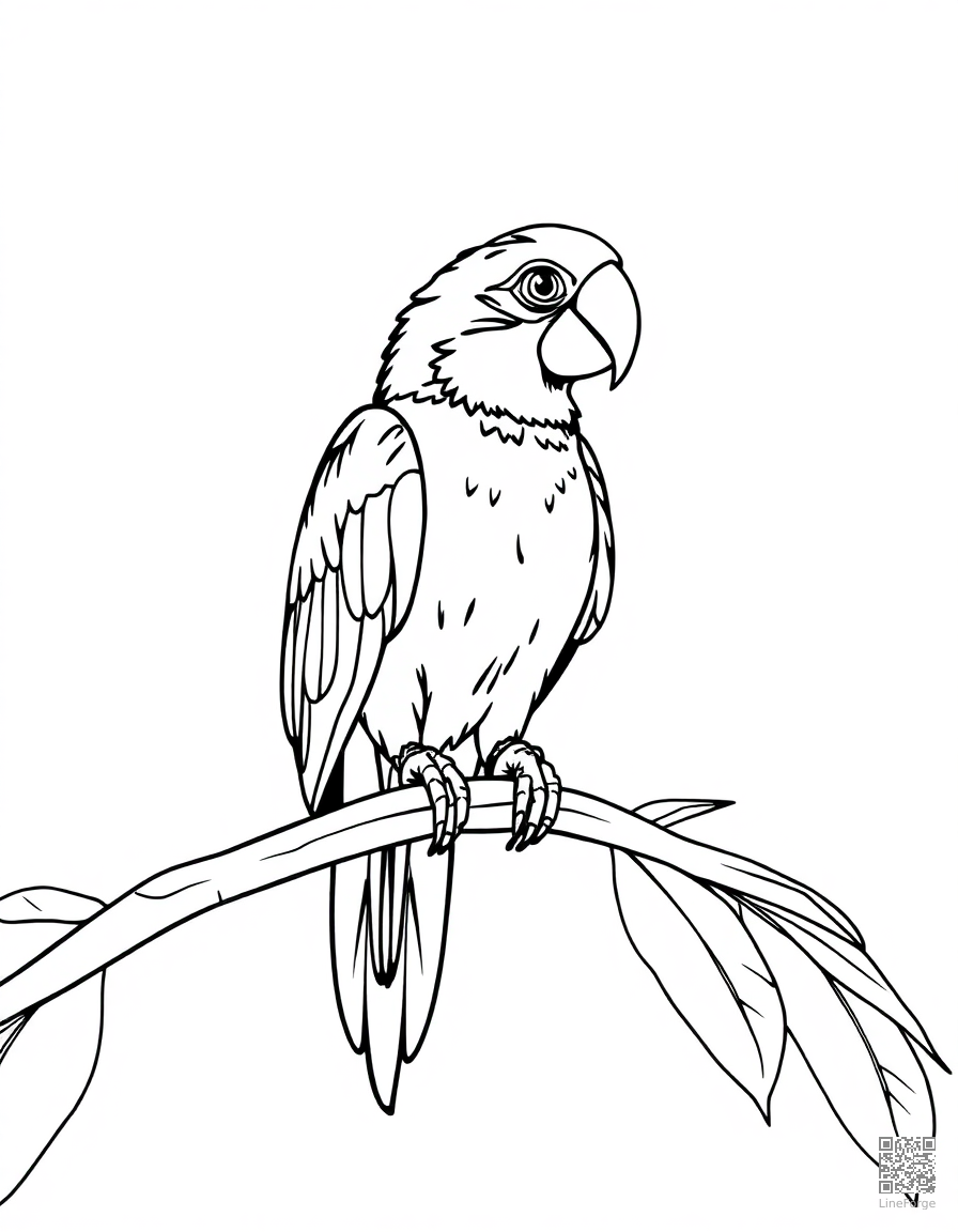 Free parrot perched on a tropical branch coloring page in contour style — printable line art
