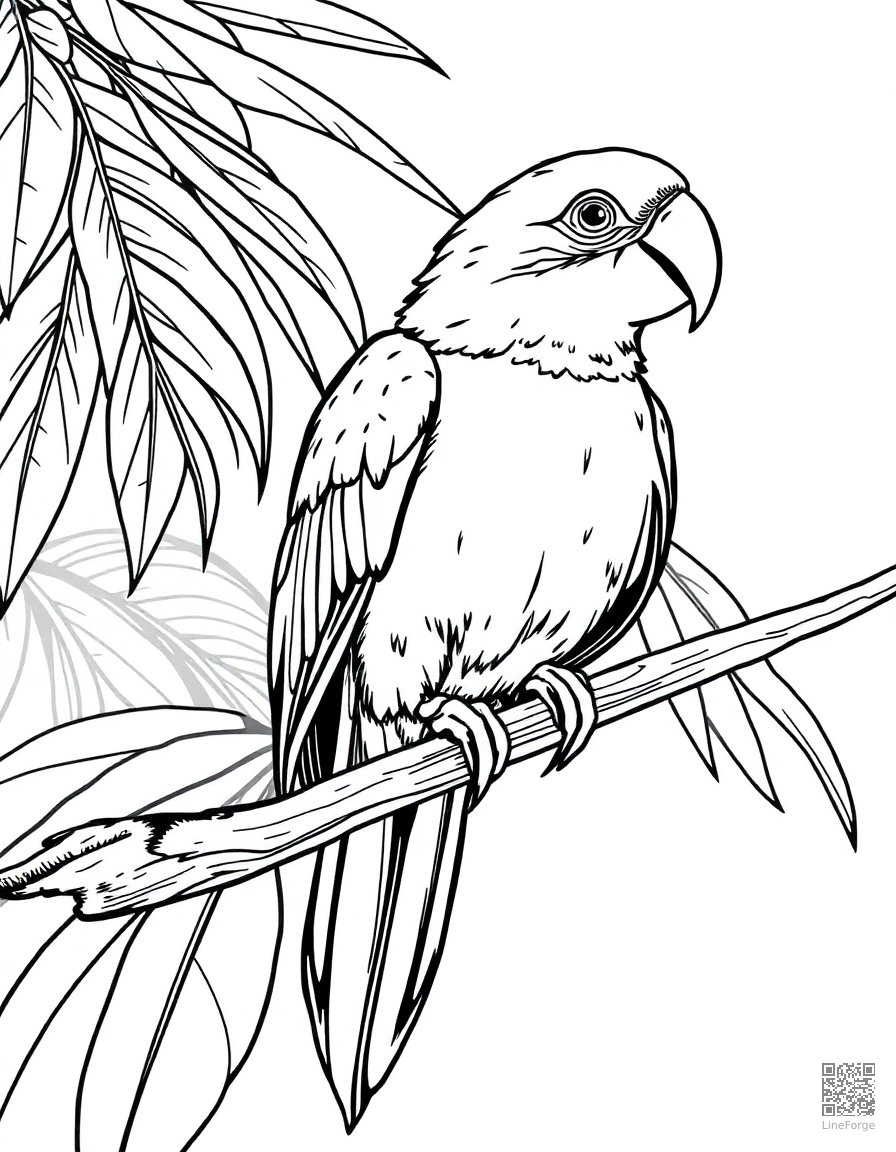Parrot perched on a tropical branch coloring page Crosshatch style - free printable