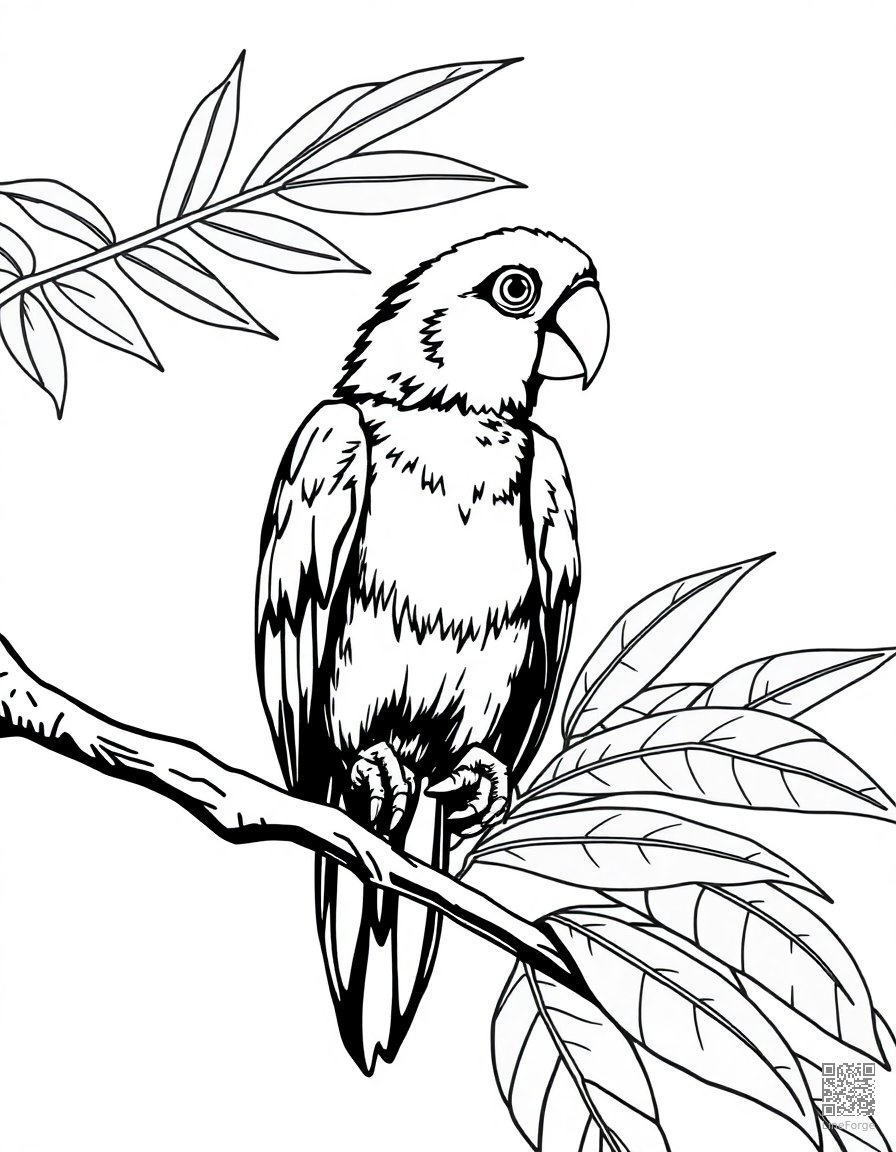 Parrot perched on a tropical branch coloring page Manga style - free printable